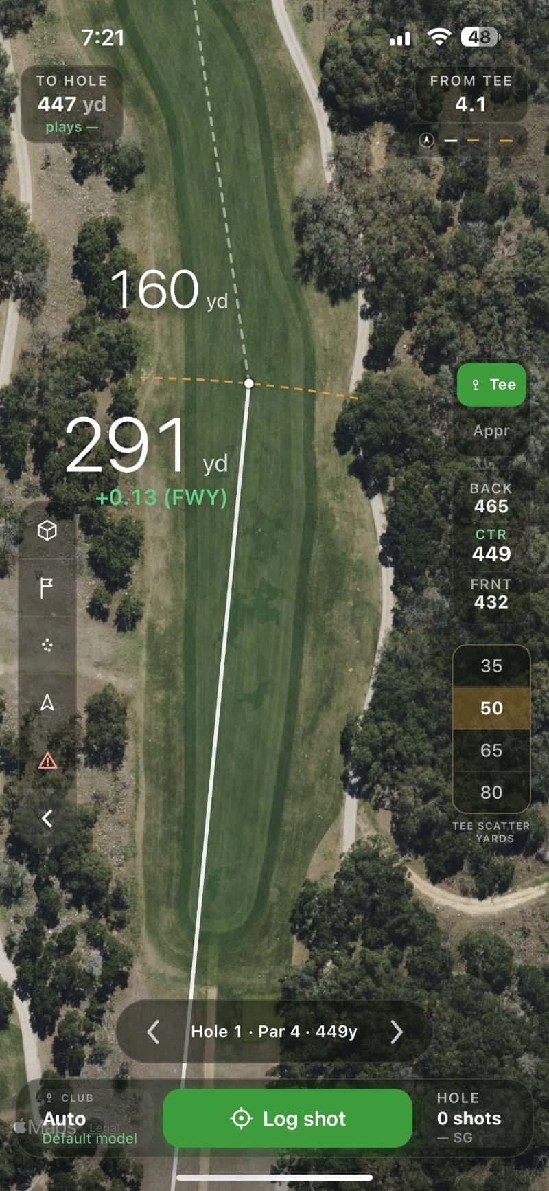 PinFlag on-course view: 291 yards to the aim point, plus 0.13 strokes gained from the fairway