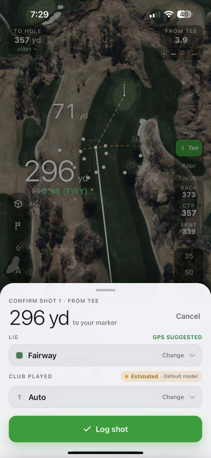 Logged shots plotted on the hole, confirm-shot sheet open at 296 yards